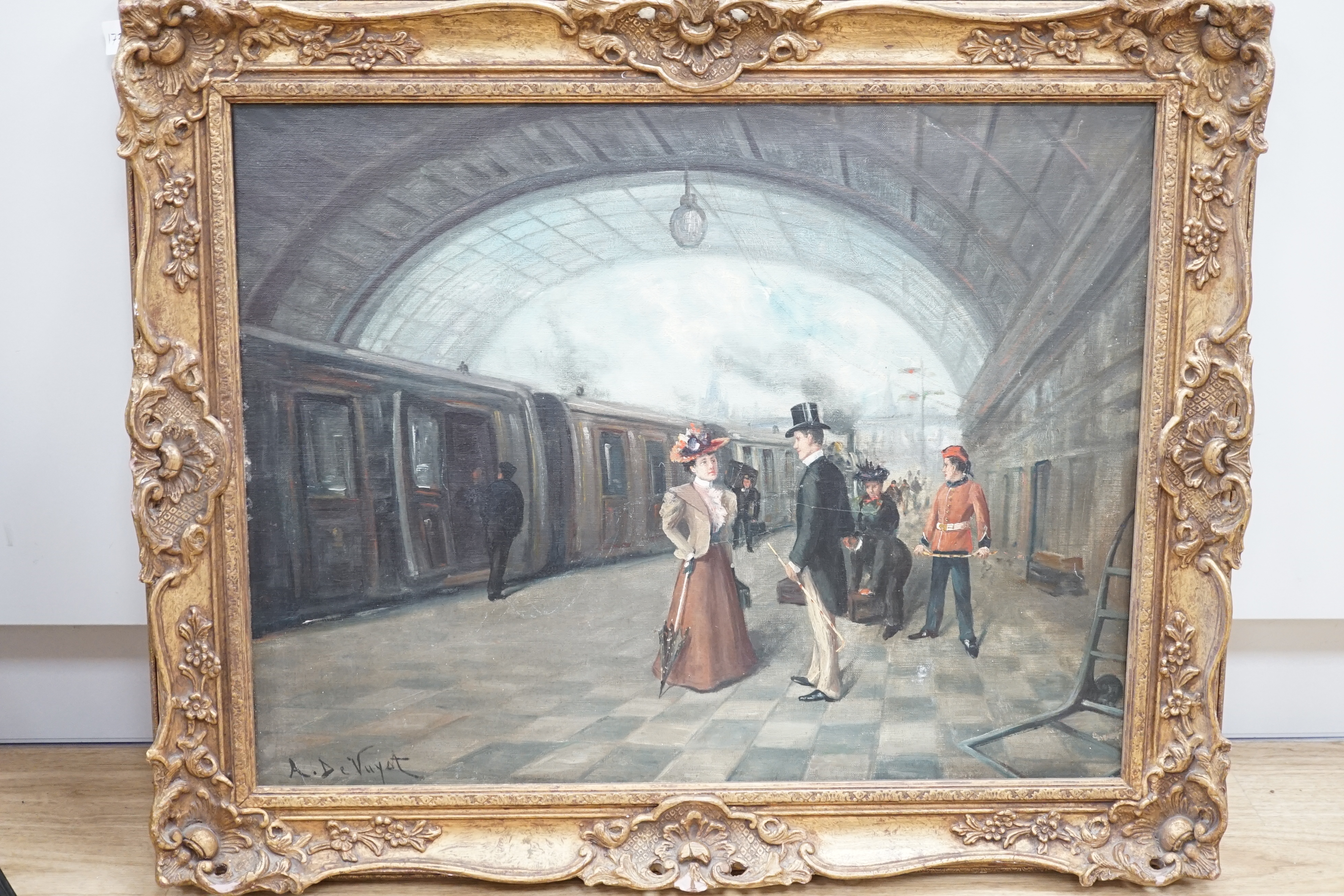 A. de Vuyot, oil on canvas, Railway station scene, signed, 48cm x 63cm. Condition - good, minor scuffs